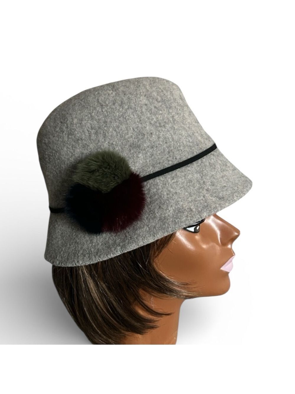 Santacana Madrid Light Gray Wool Blend Cloche Hat with Faux Fur Pom Pom Accent